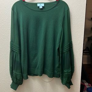 Cece Women’s Emerald Green Sweater with Sheer Sleeves , Size Large